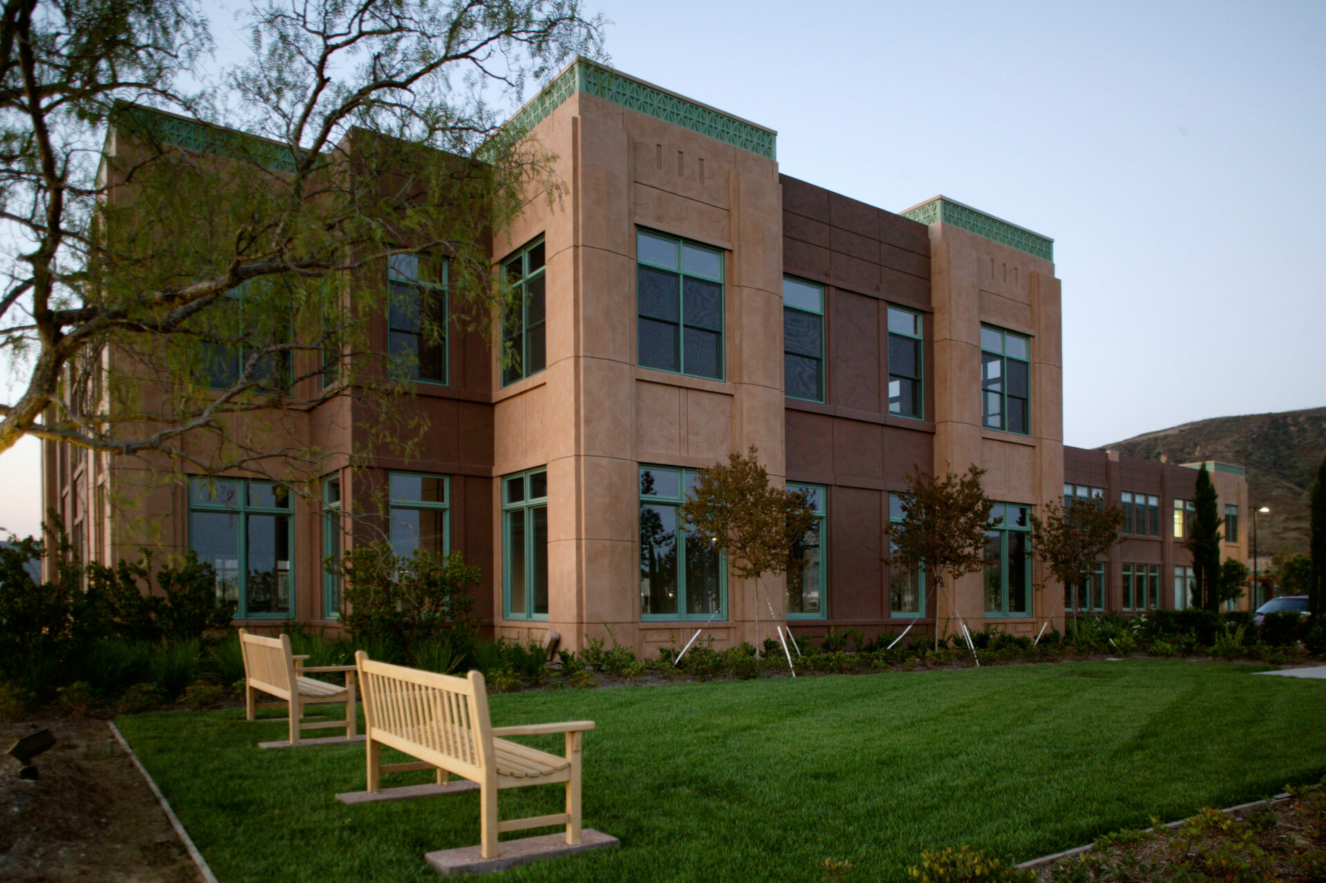 building with a lawn in front of it